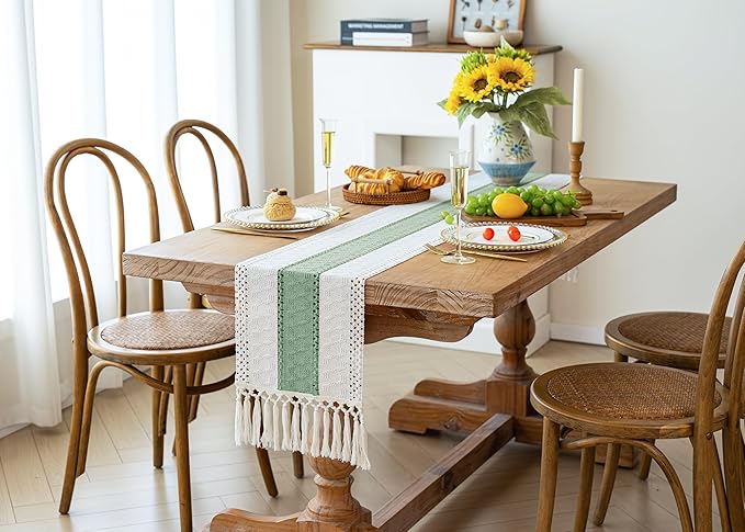 FEXIA Boho Table Runner for Home Decor with Tassels 108 Inches Long,Sage Green Farmhouse Rustic Table Runner Macrame Burlap Table Decoration for Living Room Bridal Shower(12x108 Inches)