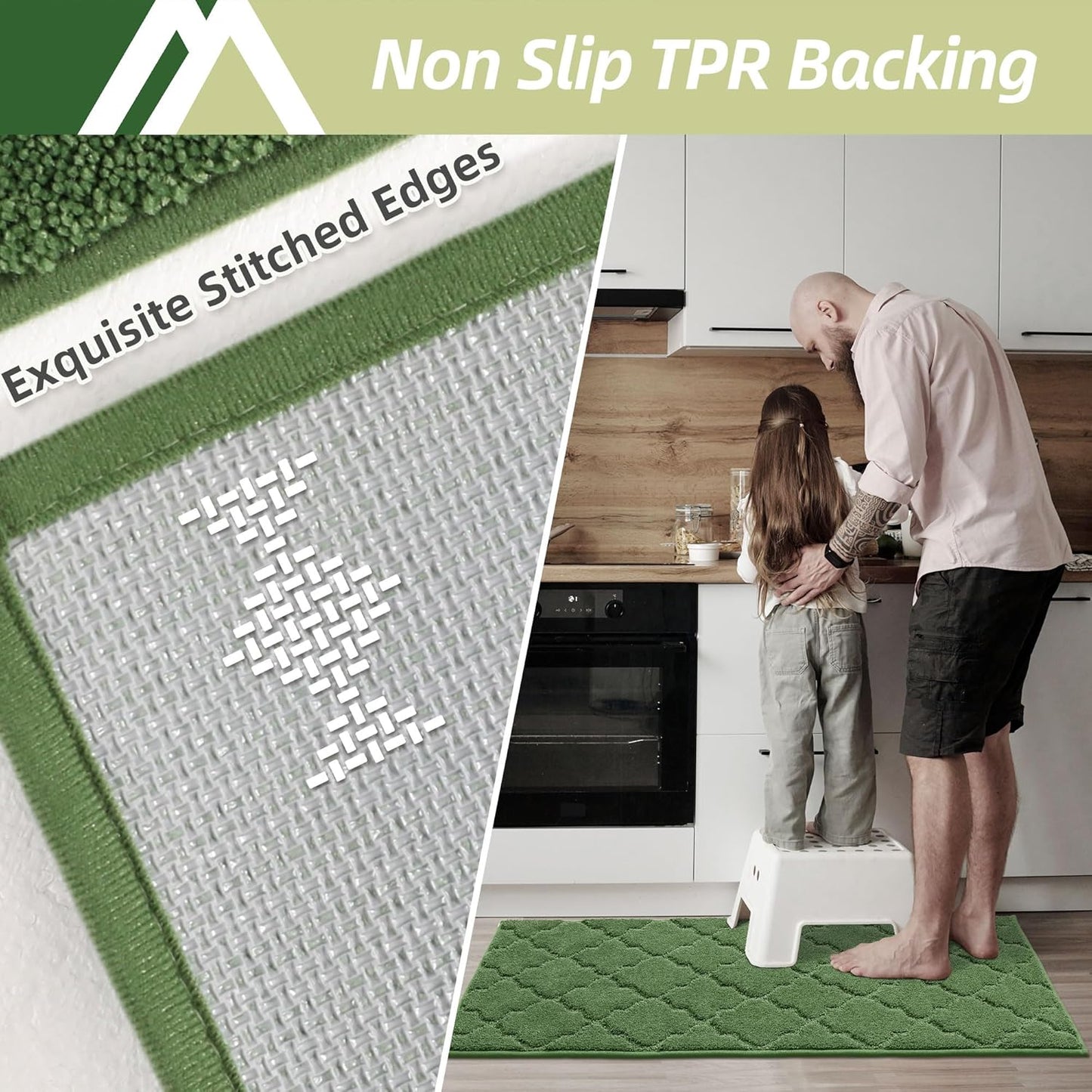 COSY HOMEER Kitchen Rugs 20"x48" Non-Slip Absorbent Soft Kitchen Runner Rug Polyester Kitchen Mats for Floor Washable Kitchens Standing Floor Mat for Sink Mat,Hallway,Laundry,Green