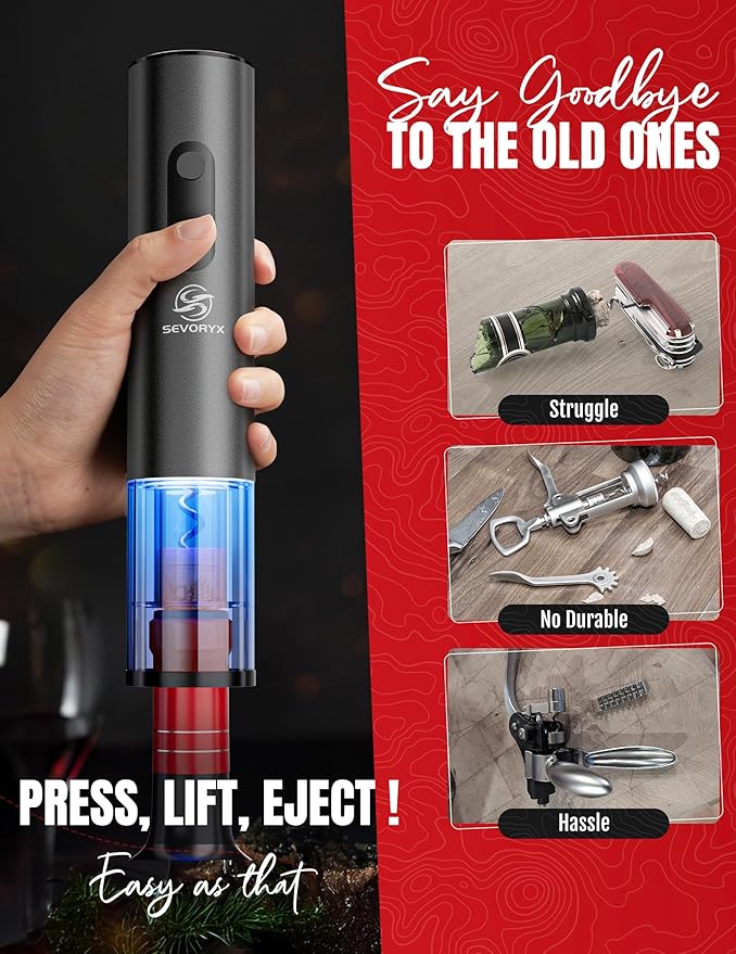 Electric Wine Opener Set, 5-in-1 Battery Operated Electric Bottle Opener With Foil Cutter, Wine Pourer, Vacuum Stopper and Storage Case. Ideal Gift for Wine Lovers, Free E-book included.
