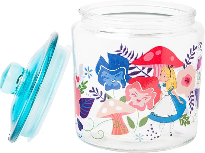 Silver Buffalo Disney Alice in Wonderland Flowers and Mushrooms Glass Cookie Snack Candy Jar with Lid (Small)