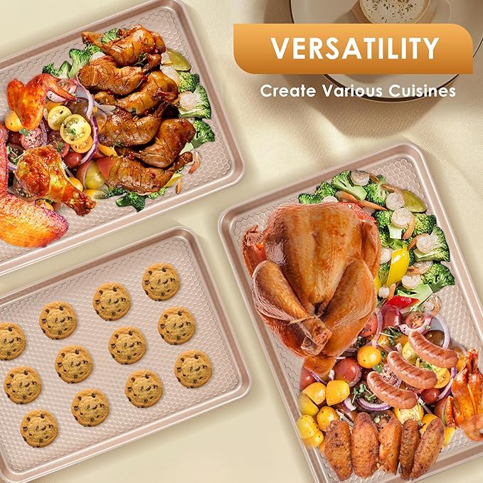 Baking Sheet Pan Set of 3, Nonstick Carbon Steel Cookie Sheets with Texture, Commercial Half/Quarter/Jelly Roll Pans Replacement Toaster Oven Tray, Heavy Duty & Easy Clean, Rose Gold