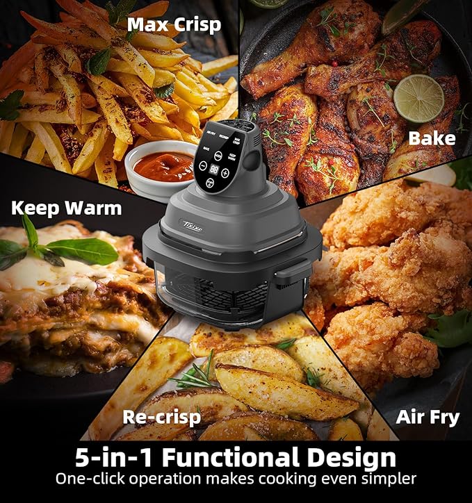 5-in-1 Glass Air Fryer for Healthy Oil-Free Cooking, Portable 1500W Countertop Cooker with 4QT & 6-Cup Glass Bowl, Non-Toxic Design & Dishwasher Safe for Single & Family Meals