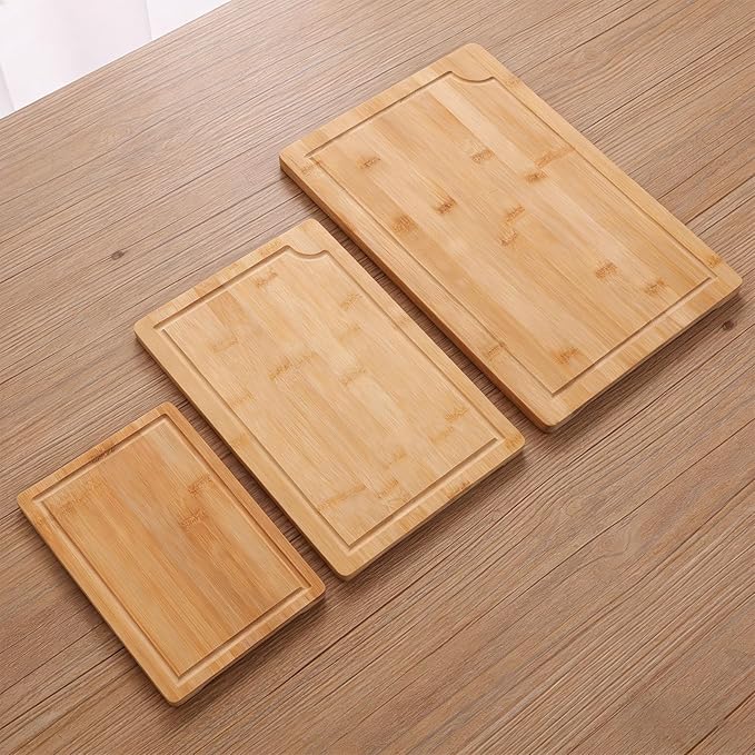 BAFOVY 3pcs Wood Chopping Boards Set, Smooth Cutting Boards with Grooves and Inner Handles, for Kitchen Food Prep and Serving