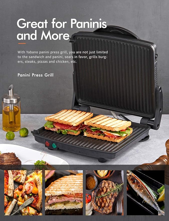 Panini Press Grill, Yabano Gourmet Sandwich Maker Non-Stick Coated Plates 11" x 9.8", Opens 180 Degrees to Fit Any Type or Size of Food, Stainless Steel Surface and Removable Drip Tray, 4 Slice