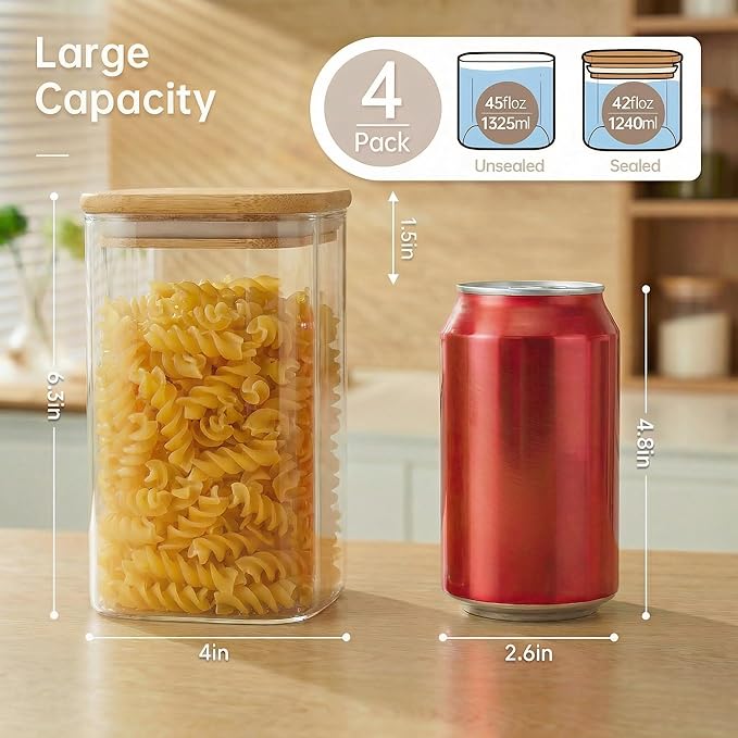 42oz - 4 Pack Square Glass Jars with Bamboo Lids, Glass Food Storage Containers with Airtight Lids for Kitchen, Air Tight Pantry Storage Containers for Cereal, Pasta, Rice, Sugar, Coffee, Spice