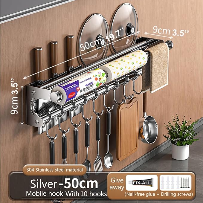 Hanging Wall Mount knife Wall Mount, Space-Saving Knife Rack with Hooks, Kitchen Organizer Storage Shelf for Utensils Spatula Spoon, Kitchen Utensil Hanger (Silver, 50CM+10Hooks)