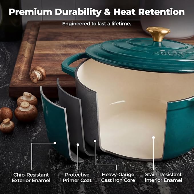 Zulay Kitchen 6.4 Quart Enameled Cast Iron Dutch Oven Pot with Lid Oven Safe up to 500°F. Heavy-Duty Enameled Cast Iron for Sourdough Bread Baking, Stews, Braising & Roasting, Soup Pot with Lid - Emerald