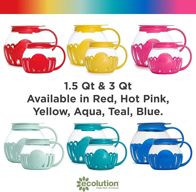 Ecolution Patented Micro-Pop Microwave Popcorn Popper with Temperature Safe Glass, 3-in-1 Lid Measures Kernels and Melts Butter, Made Without BPA, Dishwasher Safe, 1.5-Quart, Pink
