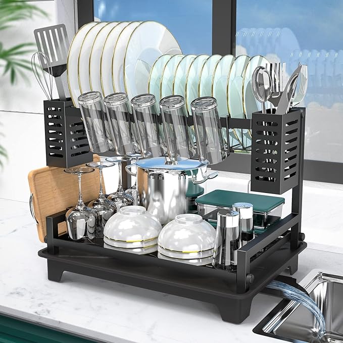 B-Land Dish Drying Rack: 2 Tier Dish Racks for Kitchen Counter and Sink - Large Dish Drying Rack with Drainboard & Utensil Holders - Stainless Steel Dish Drainers Kitchen Organization and Storage