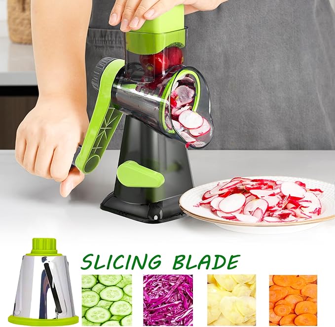 Cheese Grater Rotary Cheese Grater,Versatile Cheese Shredder,Blades for Shredding, Grating, Slicing,Cheese Shredder with Suction Base and Cleaning Brush Kitchen Gift (green)