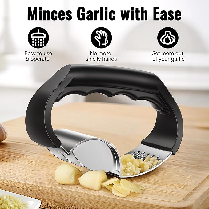 Garlic Press Rocker - Stainless Steel Garlic Crusher, 2-in-1 Easy Kitchen Gadget for Effortless Smashing