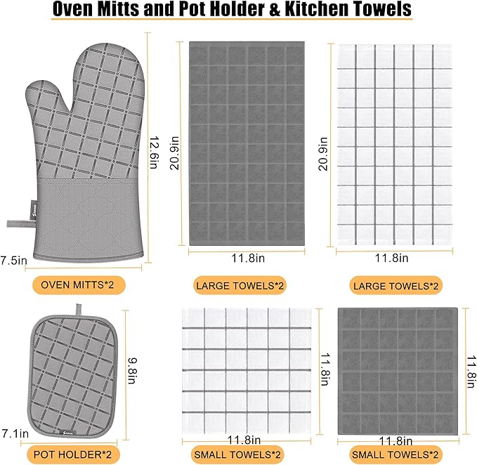 Oven Mitts Kitchen Towels and Dishcloths Pot Holders Sets, Oven Gloves Kitchen Dish Towels 500 Degree Heat Resistant Potholders with Non-Slip Silicone Surface for Cooking, Grilling, Baking-Gray