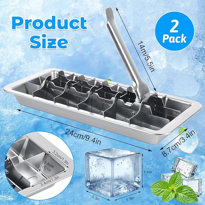 YAYODS 2 Pack Stainless Steel Ice Cube Trays for Freezer, Metal Ice Cube Tray with Tongs, 18-Cell Large Cubes, 304 Stainless Steel Ice Trays for Kitchen & Bar