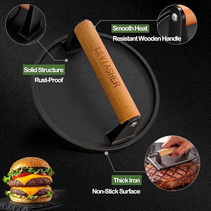 2 Pack 2.2lb Heavy Duty Cast Iron Grill Press, 6.69 inch Smash Burger Press Meat Steak with Wood Handle for Blackstone, Chef, Camp, Panini, Vegetable, Bacon, Sandwich, BBQ, Grid-patterned grill