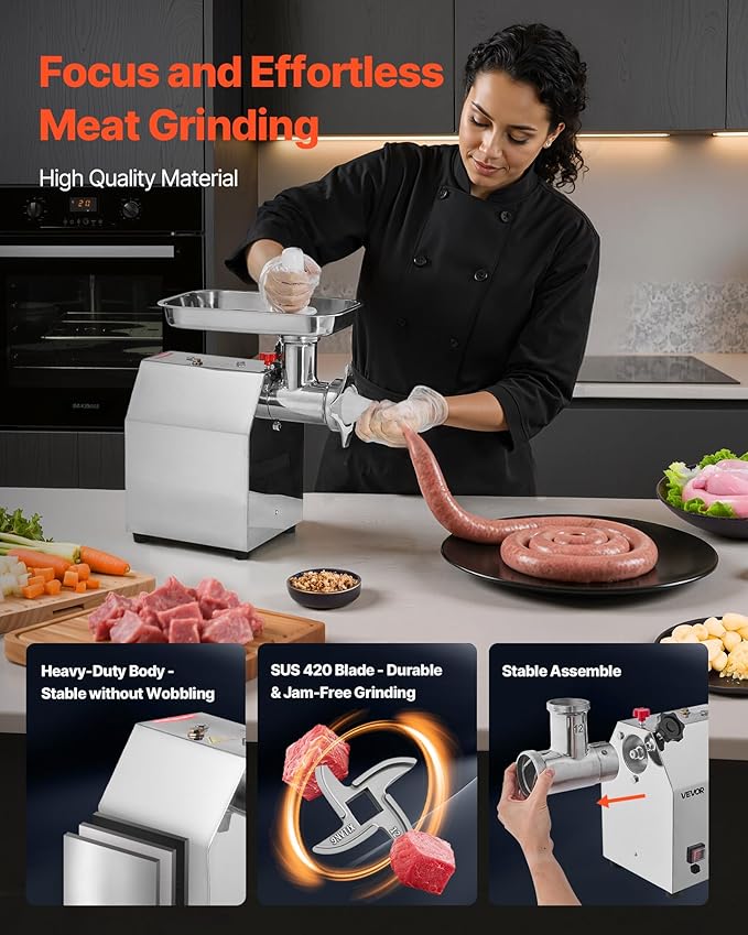 VEVOR Commercial Electric Meat Grinder, 7 lbs/min Capacity, #12 Industrial Meat Mincer with 2 Stainless Steel Blades, 2 Grinding Plates, 850W Heavy-Duty Sausage Maker Stuffer, for Kitchen, Restaurant