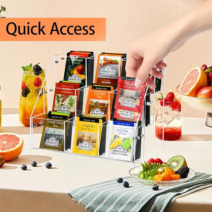 Tea Bag Organizer Holder, Acrylic Tea Packets Storage Box Container Display Stand Rack for Counter Cabinet Countertop Kitchen Office, 3 Tier