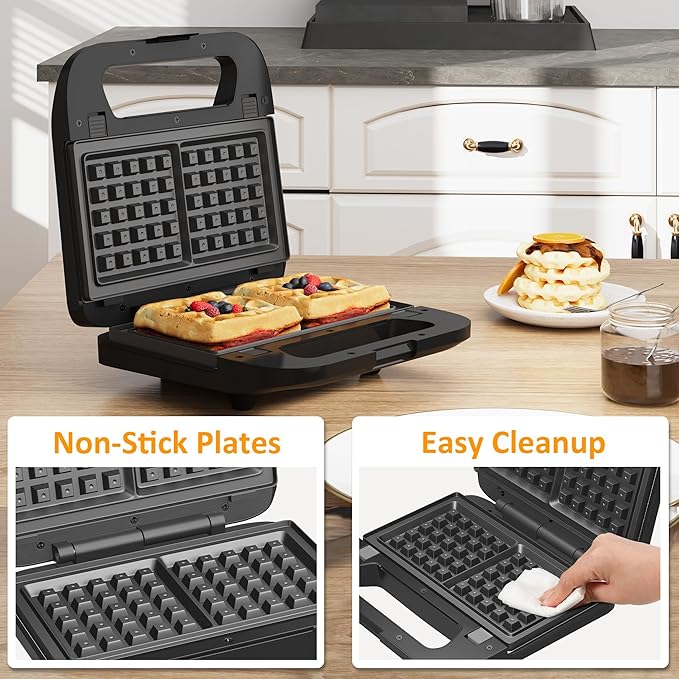 3 in 1 Electric Sandwich Maker, Panini Press Grill and Waffle Iron Set, Grill and Sandwich Press with Removable Non-Stick Plates, Indicator Lights & Cool Touch Handle, 750W, Black
