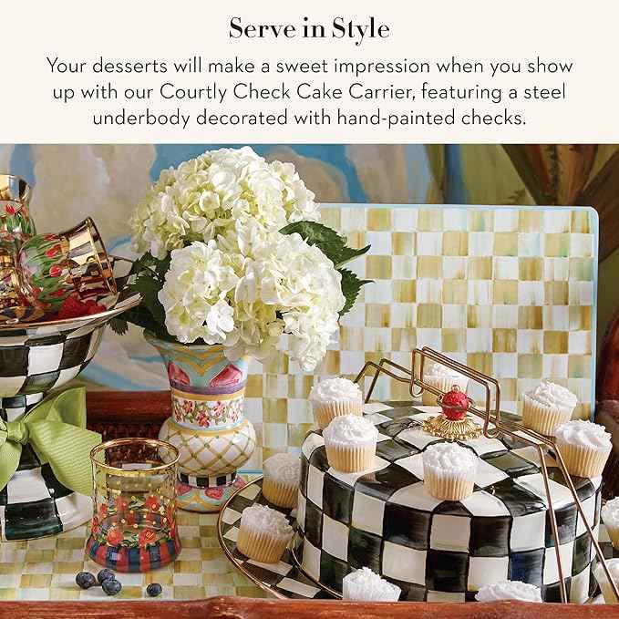 MACKENZIE-CHILDS Enamel Cake Carrier, Cake-Dish Serving Platter with Lid and Handles, Black-and-White Courtly Check