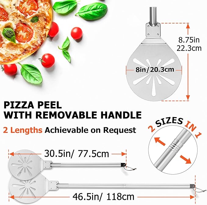 8 Inch Pizza Peel Turning, Joyfair Perforated Pizza Turner with Long Detachable Handle, Stainless Steel Spatula Paddle for Rotating Sliding, Metal Tools Oven Accessories, Easy Cleanup (SS Handle)