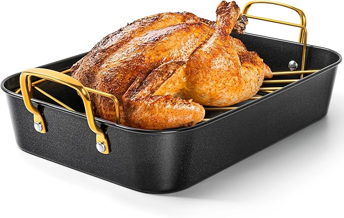 MICHELANGELO Roasting Pan with Rack, Carbon Steel Turkey Roasting Pan for Oven and Induction, Nonstick Turkey Roaster Pan with Stainless Steel Golden Rack & Golden Handle, 15 Inch x 11 Inch