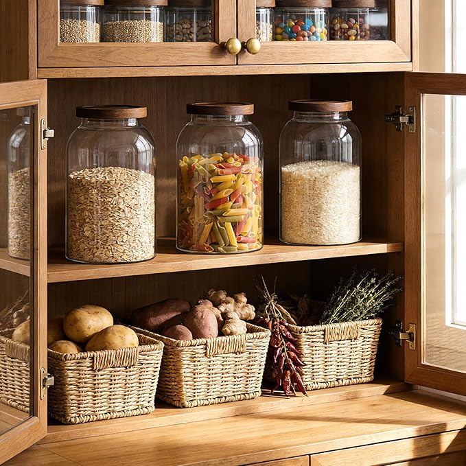 88oz Large Glass Storage Jars with Airtight Acacia Lid and 126 Kitchen Pantry Labels Set of 3, Clear Food Storage Containers for Rice, Pasta, Oats, Cookies and Dry Food
