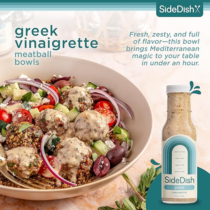 SideDish Zesty Greek Vinaigrette (Pack of 3) - Seed Oil, Dairy & Gluten Free Salad Dressing w/Avocado Oil - Refined Sugar Free, Healthy Greek Salad Dressing - Balsamic Paleo Marinade for Dips, Spread