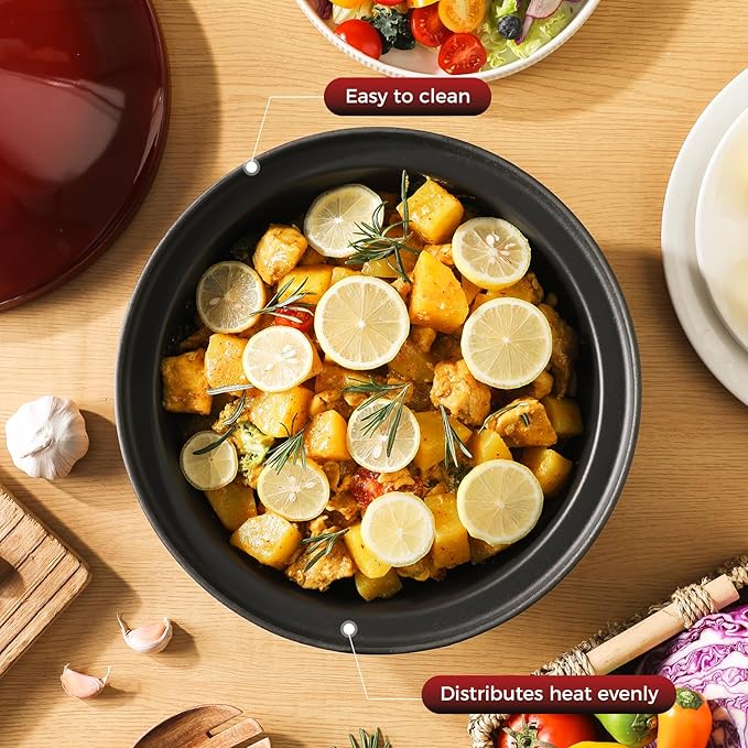 Moroccan Tagine for Cooking: Enameled Cast Iron Cooking Pot, Slow Cooker, Classic Kitchen Cookware, Tajine with Ceramic Cone-Shaped Closed Lid, 3.3 QT, Red