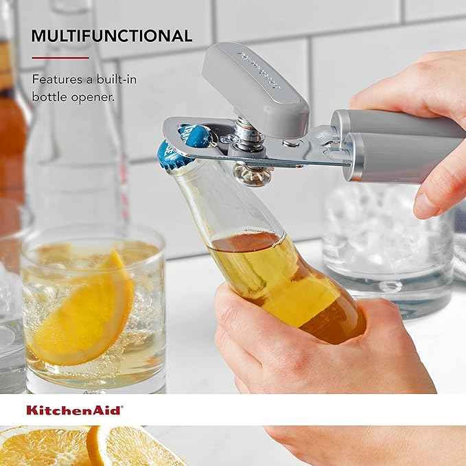 KitchenAid Classic Multifunction Can Opener and Bottle Opener Easy to Use, Razor Sharp Stainless Steel Cutting Wheel, Soft Ergonomic Handles, Gray