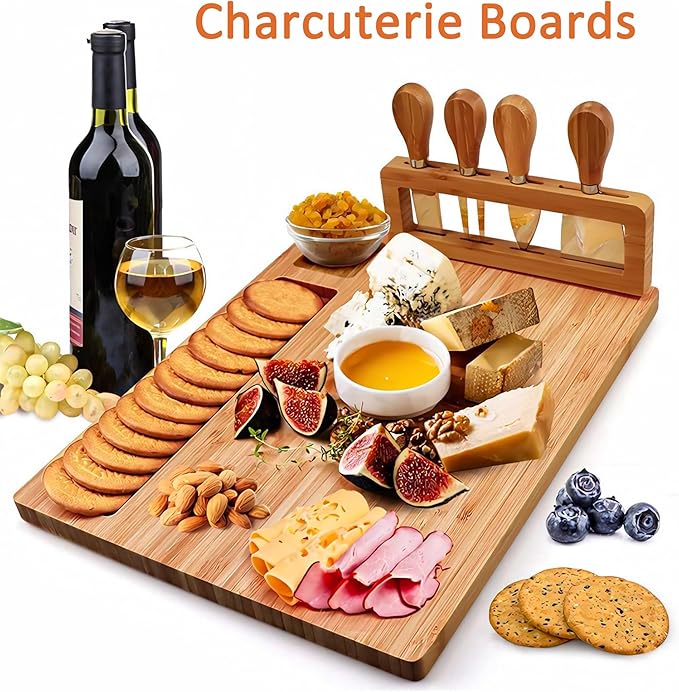 Charcuterie Boards Cheese Board:Charcuterie Boards Gift Set with 4 Cheese Knives,Charcuterie Board Set Suitable for Holiday Gift, Wedding Gift, Housewarming Gift