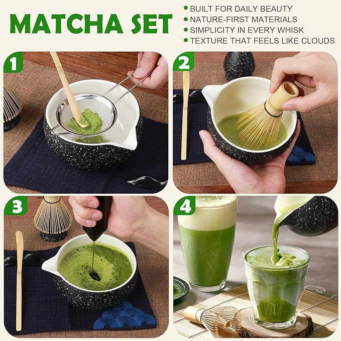 Matcha Whisk Set with Electric Frother – 8Pcs Tea Set with Matcha Bowl, Bamboo Whisk & Holder, Scoop, Scoop Rest,Sifter&Tea Towel–Traditional & Modern Matcha Kit for Ceremony,Lattes & Gifts
