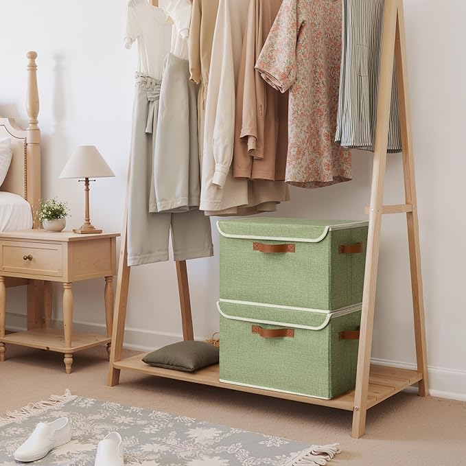 GRANNY SAYS Fabric Storage Bins with Lids, Decorative Storage Boxes with PU Handles, Keepsake Memory box, Shelf Baskets for Closet, Sage Green, Large, 2-Pack