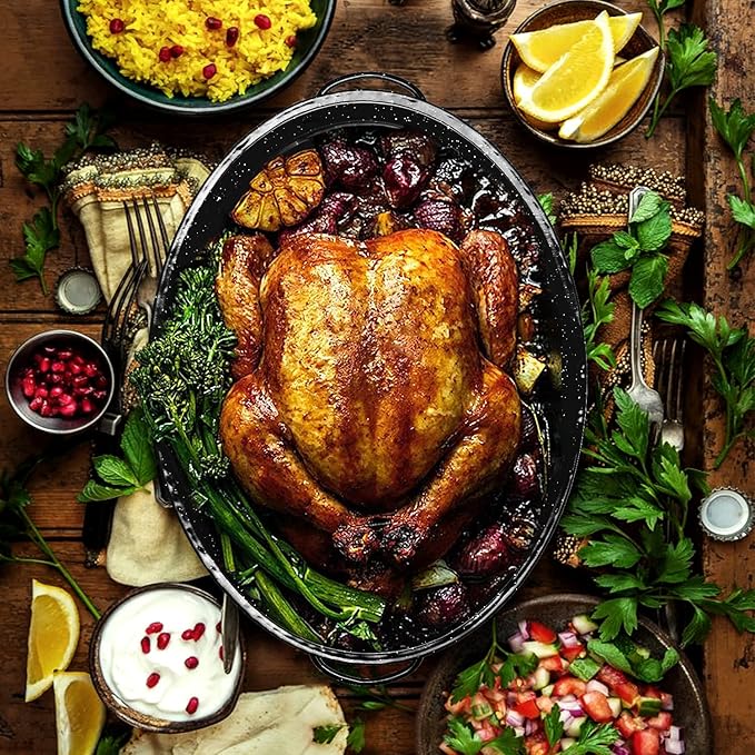 JY COOKMENT Granite Roaster Pan, 18' Enameled Roasting Pan with Domed Lid. Oval Turkey Roaster, Great for Chicken, Lamb, Vegetable. Dishwasher Safe Cookware Fit for 18Lb Turkey