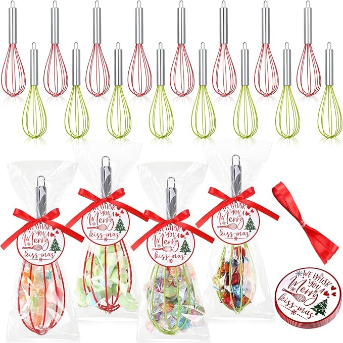 16 Sets 8 Inch Christmas Whisks Gifts DIY Fillable Christmas Tree Ornaments Xmas Colored Silicone Whisks for Cooking Heat Resistant Egg Beaters with Card Rope Bag for Candy Holder