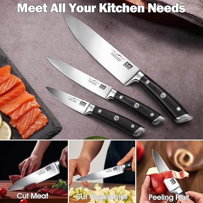SHAN ZU Kitchen Knife Sets 3pcs, Professional German 5Cr15MoV Stainless Steel, High Carbon Steel Knives Sets, Ultra Sharp Ergonomic Wood Handle & Full Tang Design, Gift Box Included