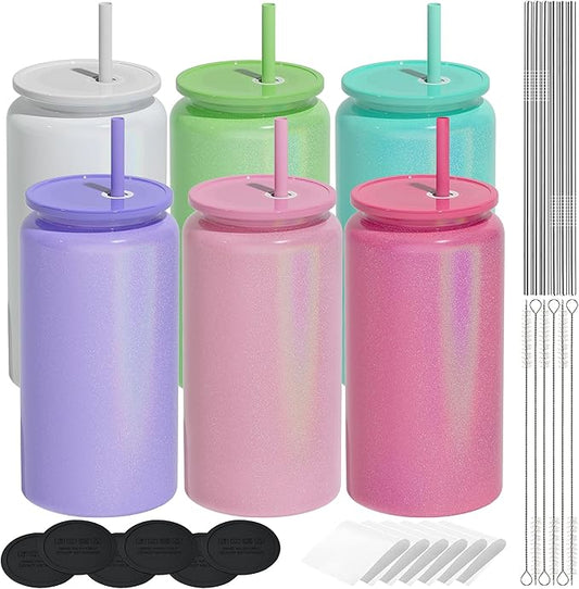 6Pack Glass Cups with Lids and Straws, 16oz Stainless Steels Cups, Beer Cup, Iced Coffee Cups, Smoothie Cup, Sublimation Tumbler (Shiny Polished Finish, Sublimatable)