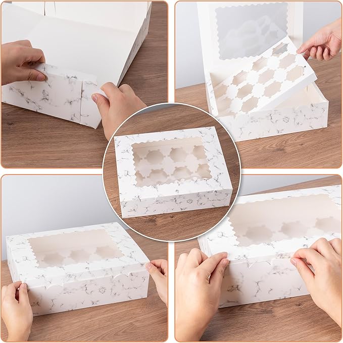 Hoewina 6PCS Cupcake Boxes - Hold 12 Count Cupcake Containers with Window, Food Grade Cupcake Holder Easy Transport and Presentation - Ideal for Cupcakes, Desserts, and More (Marble pattern)