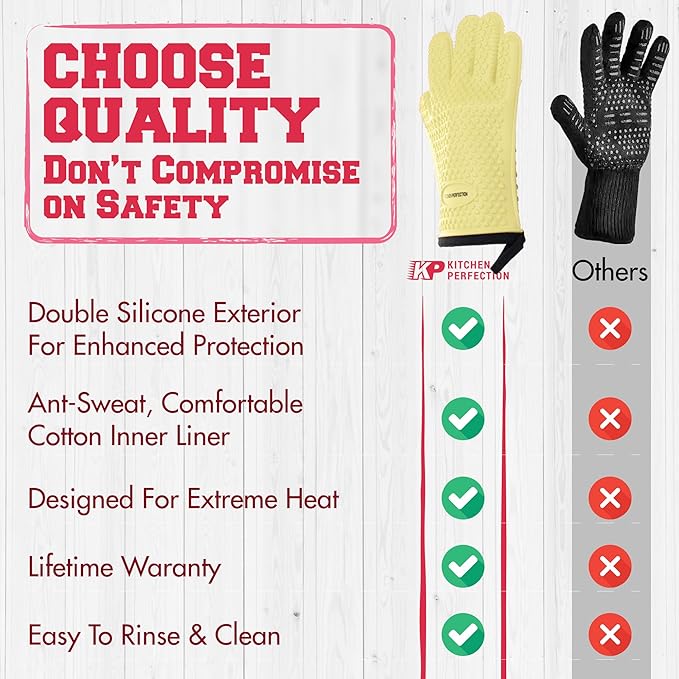 KITCHEN PERFECTION S Silicone Smoker Oven Gloves for Women -Extreme Heat Resistant BBQ Gloves -Handle Hot Food Right on Your Grill Fryer |Waterproof Oven Mitts Cooking Gloves |Superior Set+3 Bonuses