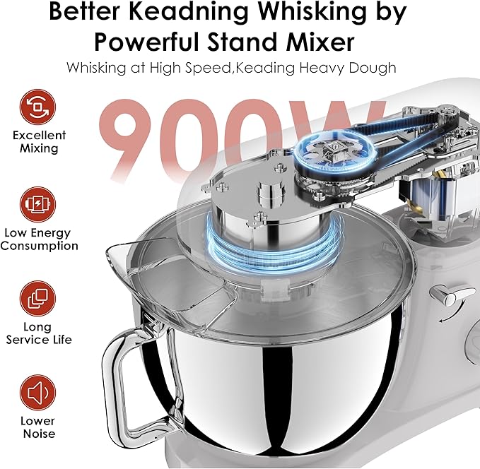 Kitchen in the box Stand Mixer - 6.5 Quart Mixing Bowl with Handle, 900 Watt Heavy Bread Dough Standing Mixers Tilt-head with Dough Hook, Whisk, Flat Beater and Splash Guard (Red)
