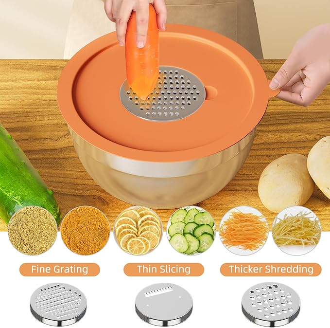 Fyrnova Mixing Bowls with Lids Set, 6 Piece Stainless Steel Nesting Storage Bowls for Kitchen, with 3 Grater Attachments & Non-Slip Bottoms, Size 5.5,3.5,2.5,2.1,1.5,1.1 QT