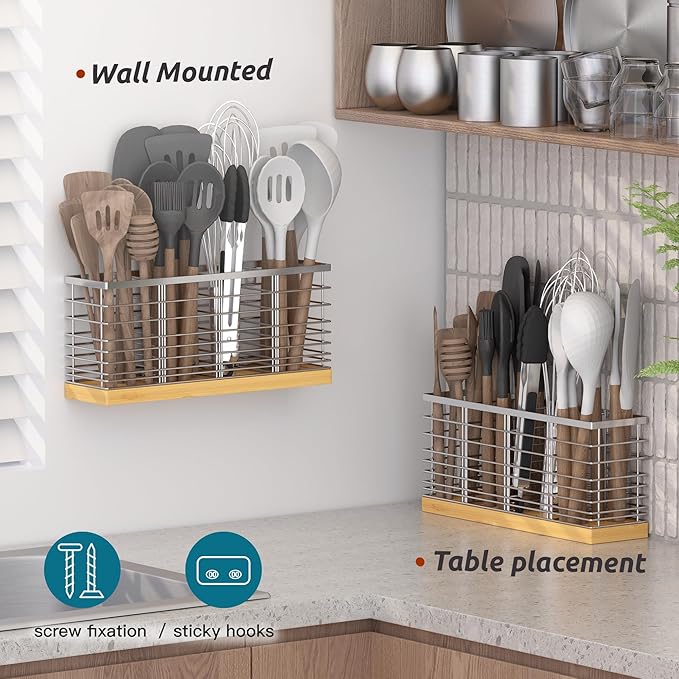 Suli Extra Large Kitchen Utensil Holder Countertop with 4 Compartments,Silvery Metal holder with Wooden Base for Countertop,Farmhouse Utensil Organizer for counter,Rustic Cooking Utensil Organizer