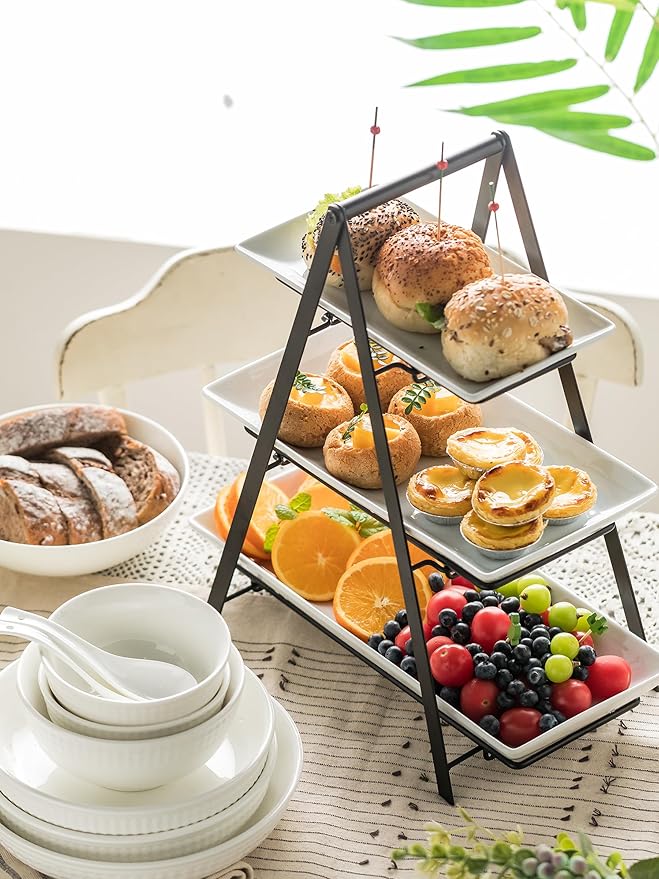 YHOSSEUN 3 Tier Serving Tray Tiered Tray Stand, Ceramic Serving Platters and Trays with Metal Rack, 10+12+14 Inch Large Serving Trays for Party 3 Tier Serving Stand Dessert Display Set, Black