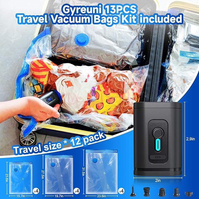 Travel Vacuum Storage Bags Combo Portable Wireless Electric Pump,12 Pack Compression Bags for Travel,Space Saver Vacuum Storage Bags for Clothing and Luggage