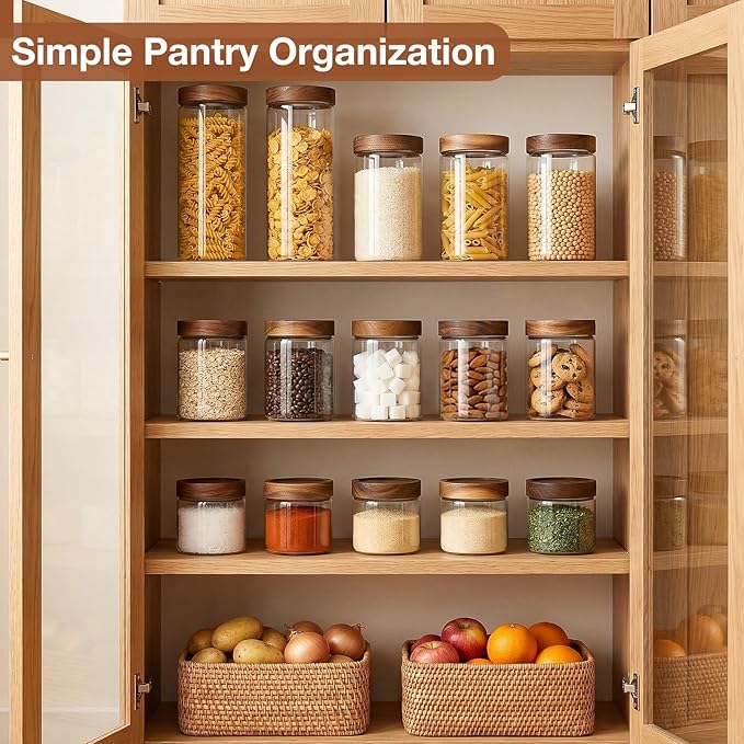 CONNOO 2-Pack 50oz Glass Storage Containers with Wood Lids – 120 Waterproof Labels Included – Tall Airtight Pantry Organizers for Short Pasta, Flour – Modern Kitchen Decor