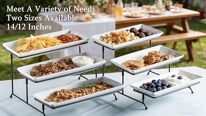 Gomakren 3 Tier Serving Trays Stand 14 Inches Serving Platters Rectangular Large Serving Plates for Party Display Set Collapsible Sturdier Rack, White Serving Trays and Platters