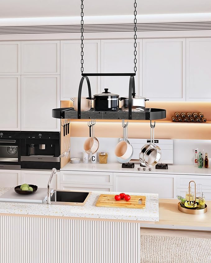 CHOEZON Hanging Pot Rack, Pot Hanger for Kitchen, Ceiling Mounted Pot Holder, Cookware Organizer with 12 S-Shaped Hooks, for Pot, Pan Storage, Space-Saving, Charcoal Black and Black TPR08BCC1