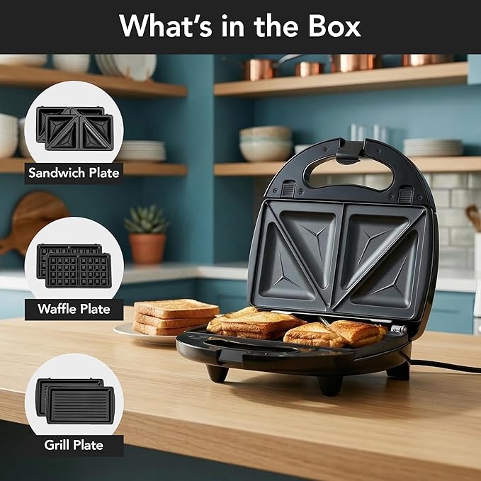 OVENTE 3 in 1 Electric Sandwich Maker, Panini Press Grill and Waffle Iron Set with Removable Non-Stick Plates, Perfect for Cooking Grilled Cheese, Tuna Melts, Burgers, Steaks and Snacks, Black GPI302B