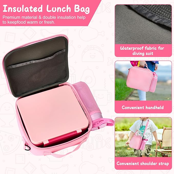 Kids Bento Lunch Box with 4 Compartments, Insulated lunch Bag, Water Bottle, Stainless Steel Food Jar, Birthday Gifts for Ages 3-12 Back to School Toddler Girls Boys