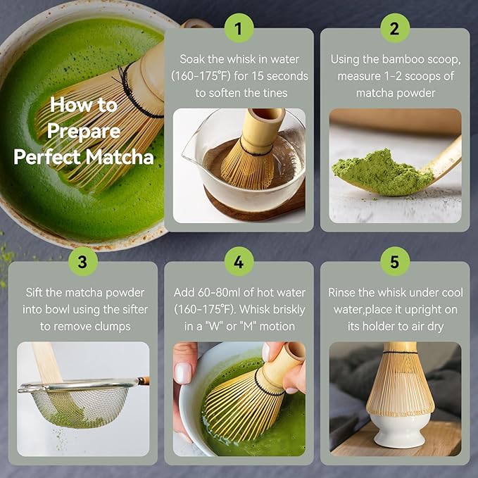 Shonmisen Traditional Matcha Tea Whisk Set with Bamboo Chasen, Ceramic Holder, Scoop, Spoon, Strainer, 5 Piece Japanese Ceremony Kit matcha whisk