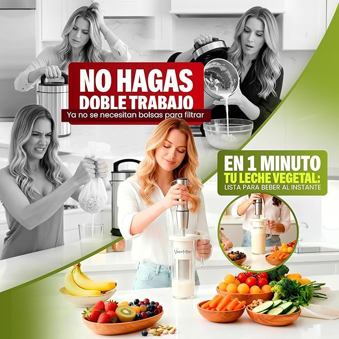 Vegan Milker Mulsi Soul Multifunctional Strainer Filter – Homemade Vegetable Milk, Burmese Tofu, etc. Maximum Emulsion with Interchangeable Discs. 1 Litre in 1 Minute. Ebook Recipes - Made in Spain