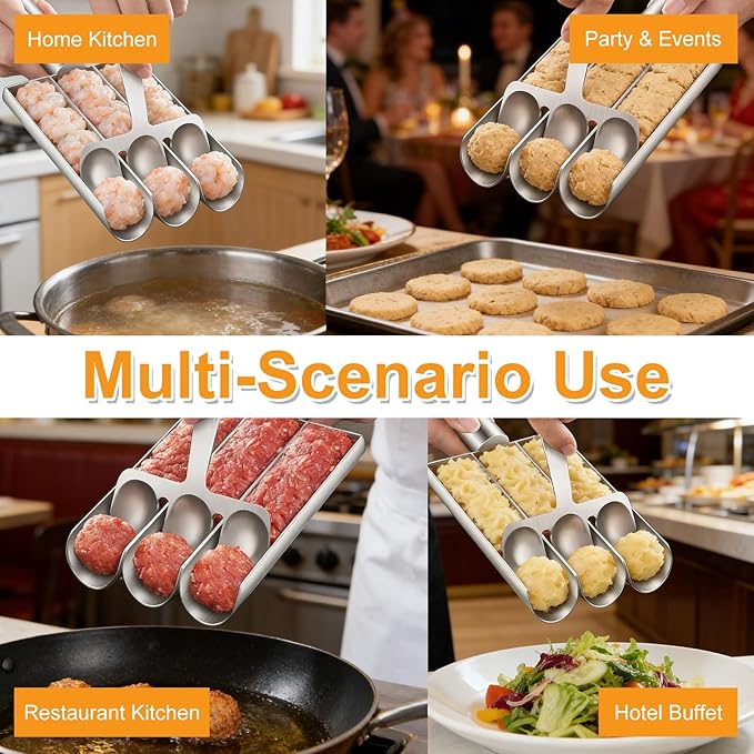 Stainless Steel Meatball Maker Set, 6PCS Meatball Scoop Mold with Scrapers, Single Double Triple Portion Meatball Shaper Tool for Meatballs Rice Balls Cookie Dough Kitchen Cooking Tool
